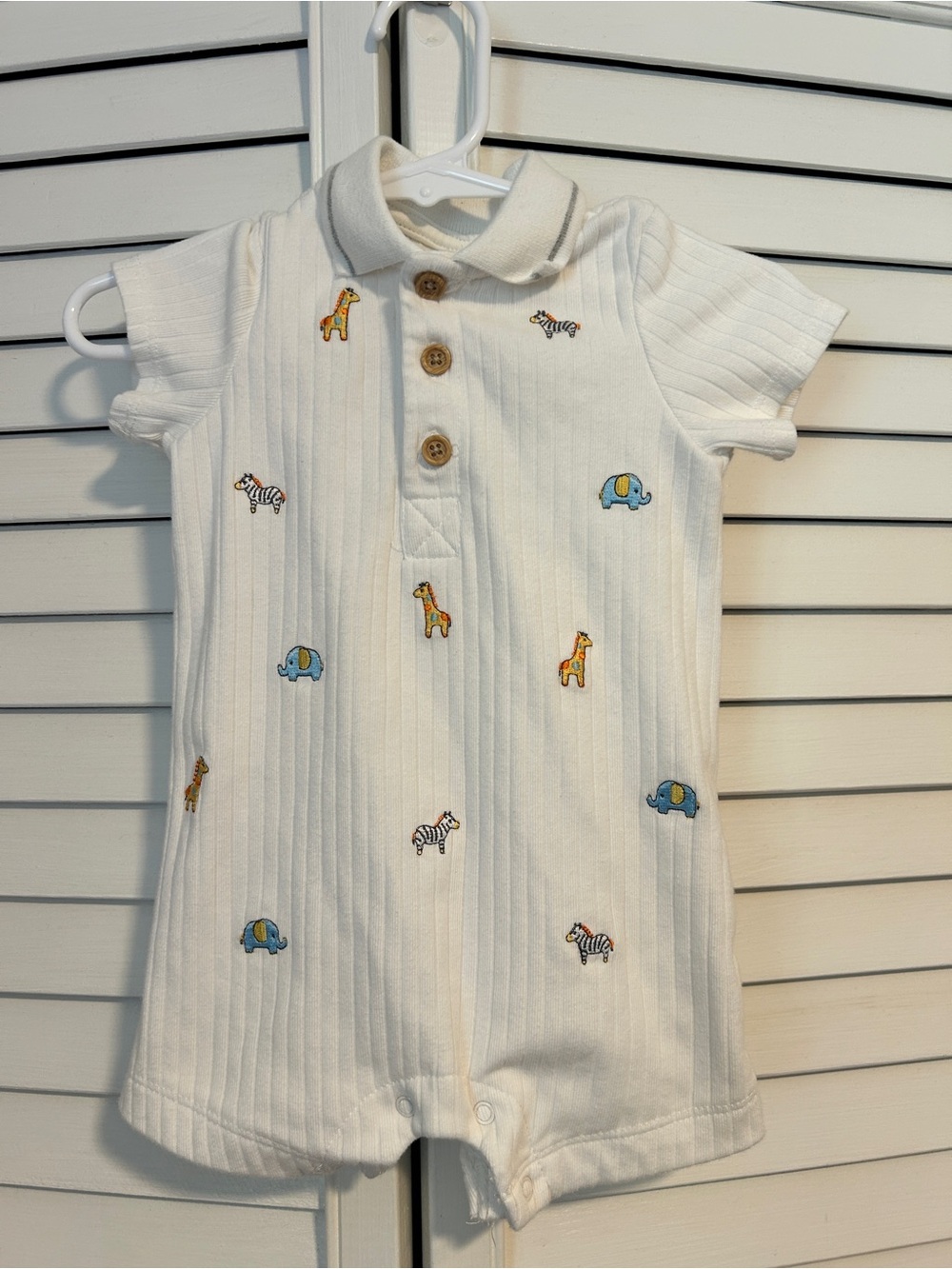 Little Me - White Embroidered Baby Romper with Zoo Animals 3-6 Months